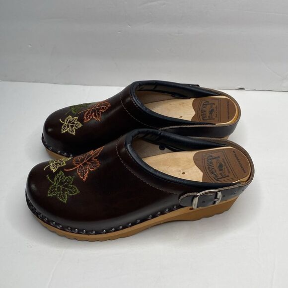 Troentorp Made In Sweden Brown Wooden Heel Embroidered Mule Clogs - Picture 4 of 11